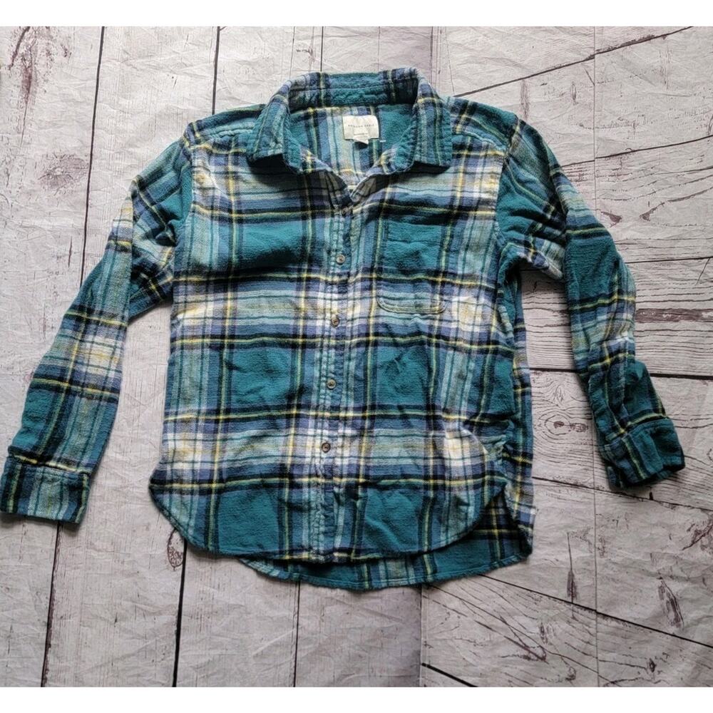 American Eagle Plaid Flannel Shirt Womens Size XS Blue Teal Boyfriend Fit Cotton